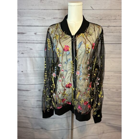 Tulle Jackets & Blazers - Multicolor Embroidered Tulle Zip Jacket Emery Rose 3X Long Sleeve